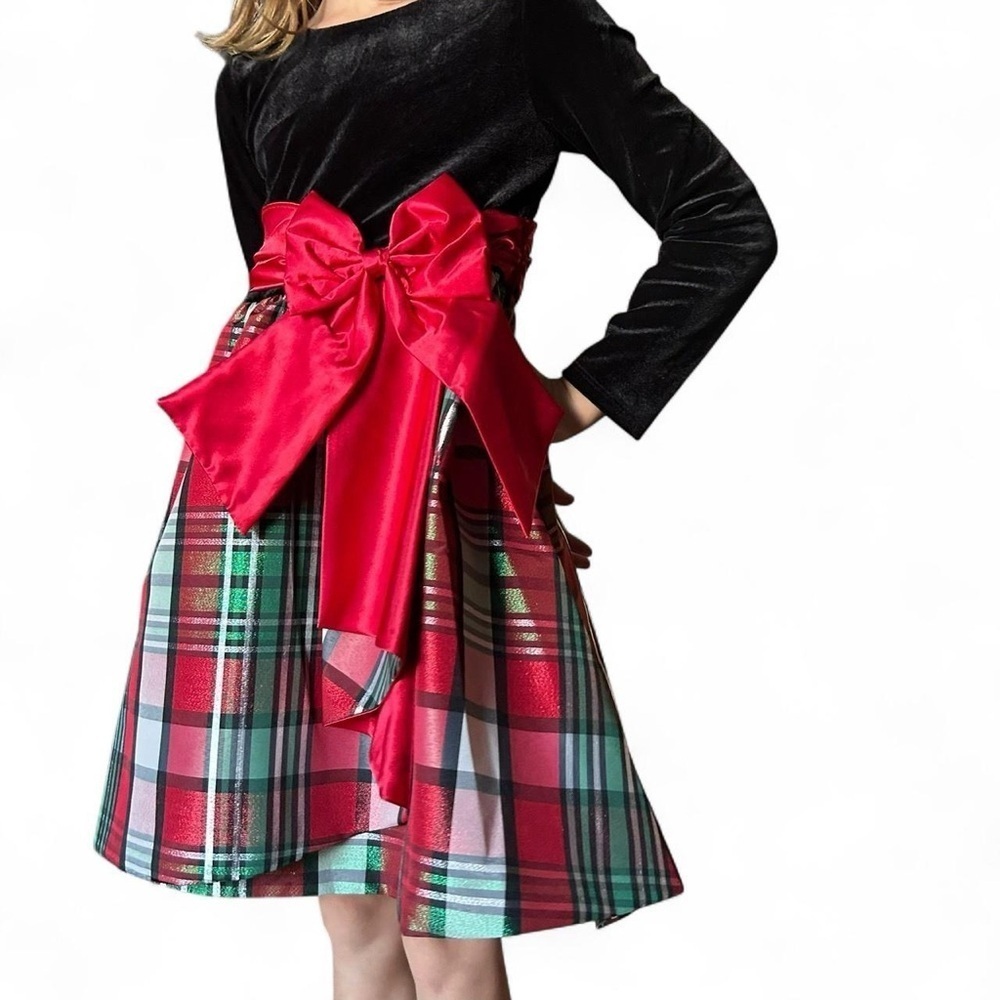 Holiday Velvet & Plaid Dress with Bow – Rare Editions, Size 6